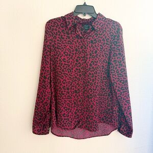 David Lerner Pink and Black Leopard Print Button Down Shirt size M cheetah print